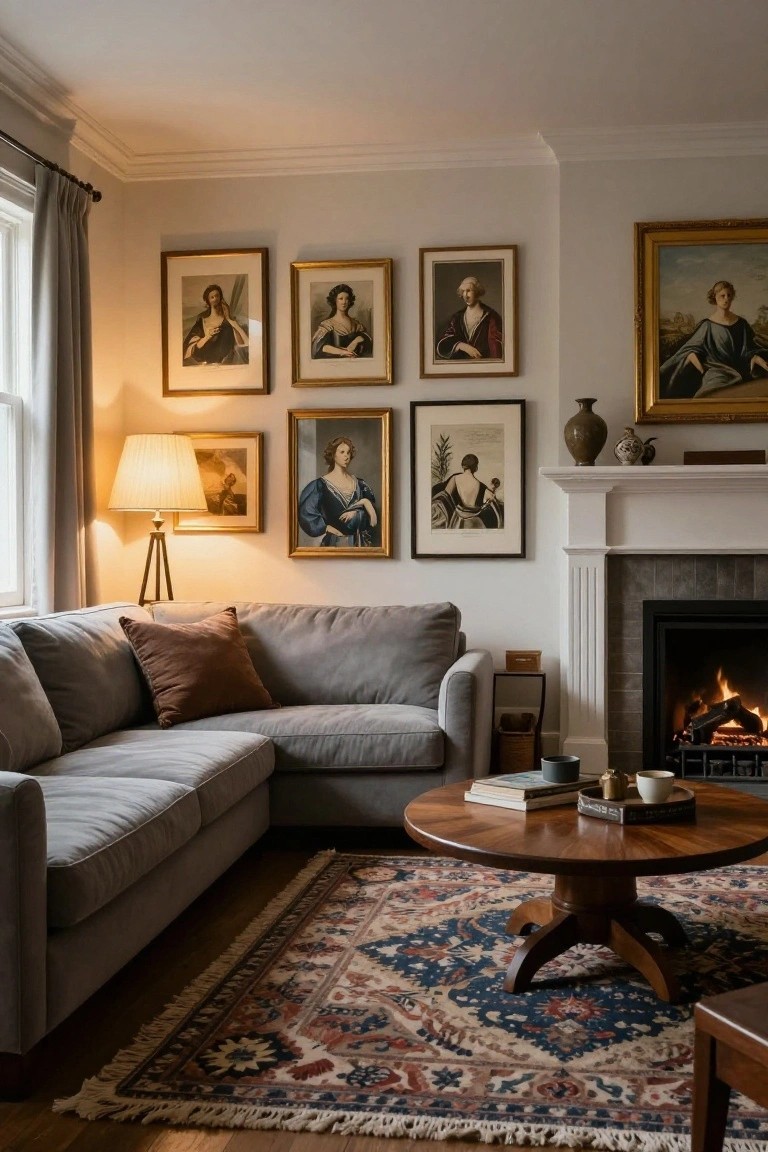 Living room with gray L-shaped sofa, round wooden coffee table on Persian rug, fireplace with fire burning, and multiple gold-framed classical portraits on walls near window with gray curtains.