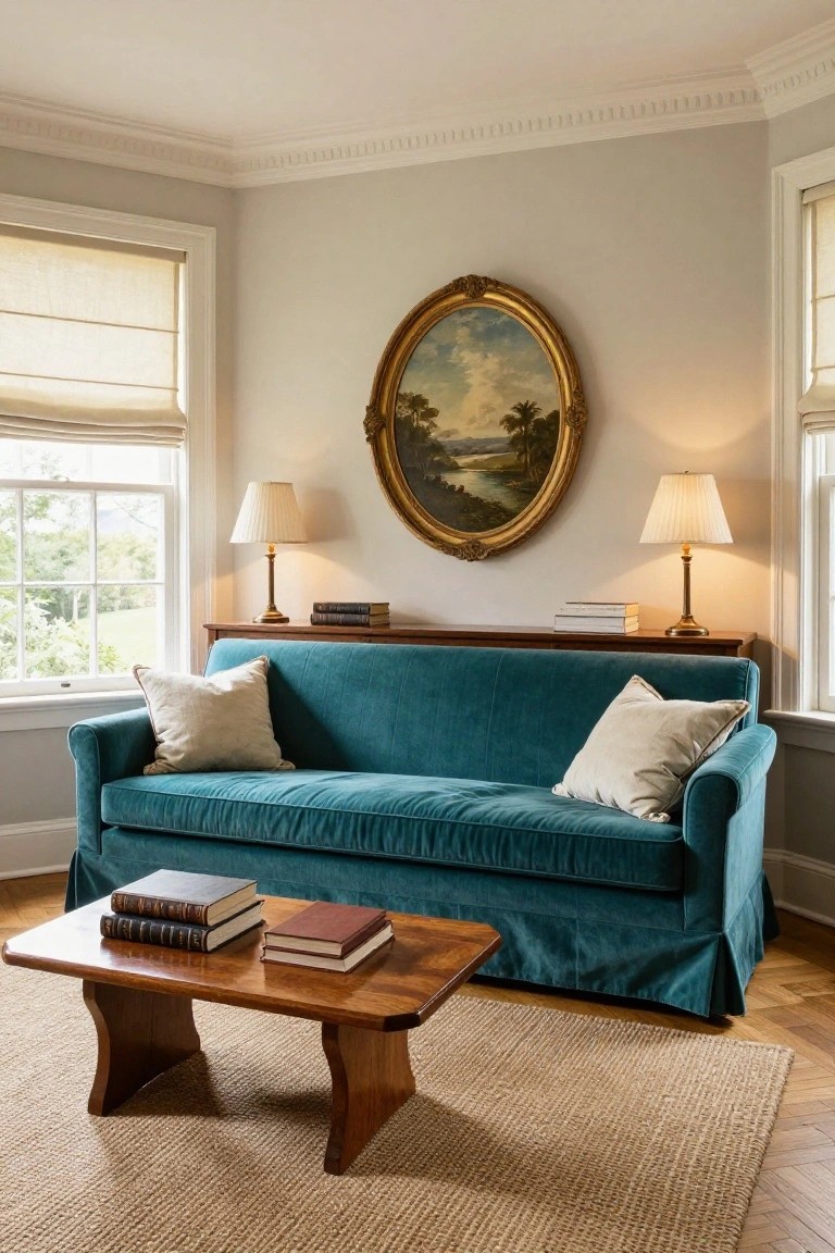 A corner of a traditional living room with a deep teal green velvet skirted sofa, wooden low coffee table holding stacked books, wooden credenza with lamps and books, oval gilded landscape painting on light gray wall, linen roman shades on two windows, and seagrass rug on wood floor.