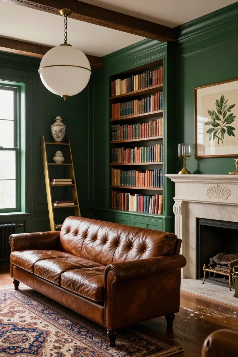 Traditional living room featuring deep green paneled walls and built-in bookshelves filled with books, a brown tufted leather sofa, gold ladder shelf with ceramics, white marble fireplace with fire, brass accents, and Persian-style rug on wood floors.