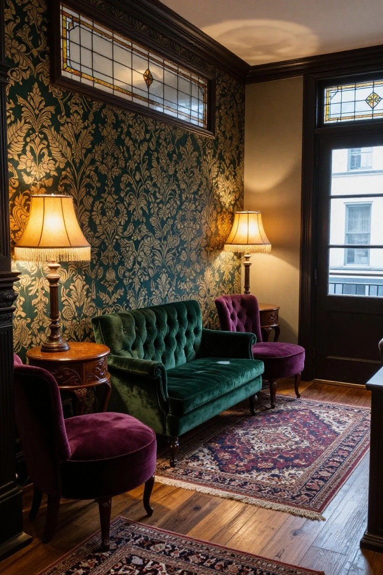 Corner of an interior room with emerald green damask wallpaper on walls, tufted green velvet sofa and side chair, purple velvet armchair, brass-fringed lamps, round wood table, Persian rug, stained glass windows, and wood floor.