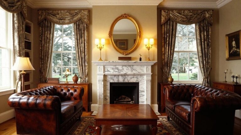 Traditional living room with brown tufted leather Chesterfield sofa facing marble fireplace, flanked by bookshelves, ornate mirror, and heavy drapes on tall windows.