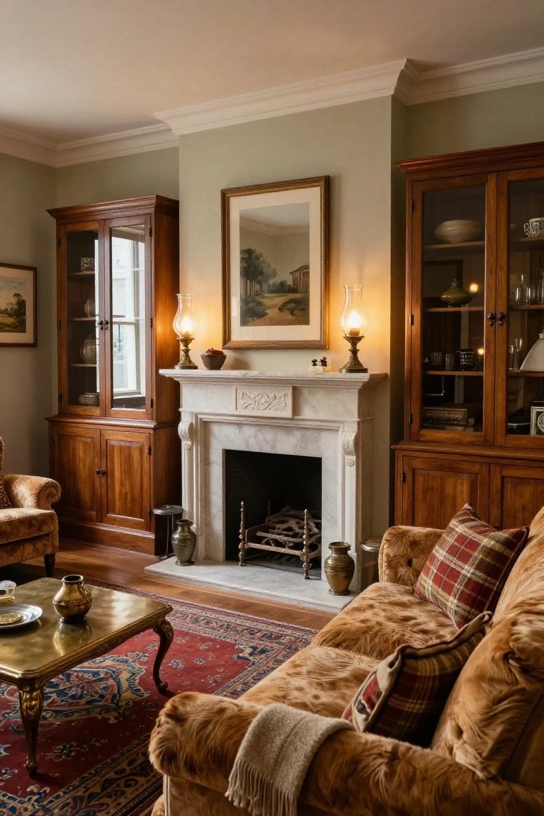 Traditional living room with tall wooden bookcases flanking a carved white marble fireplace, plush armchairs on a hardwood floor, brass coffee table, and oil lamps.