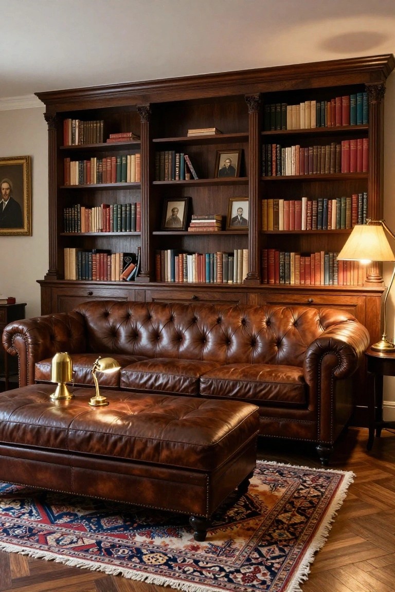 A traditional living room interior with tall ornate wooden bookcases filled with books and photos, a tufted brown leather sofa and matching ottoman, brass lamps, and a patterned rug on wood parquet flooring.