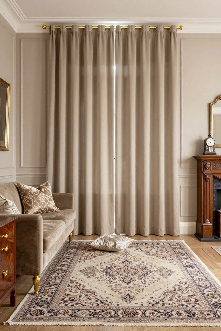 A traditional living room with tall beige floor-to-ceiling curtains on a gold grommet rod over a window, a brown velvet sofa with patterned pillows, a large cream and blue Persian rug on hardwood floors, and a carved wood fireplace mantel beside a clock.