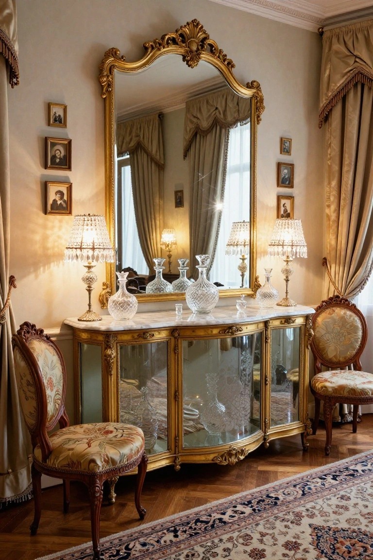 Traditional interior room with a large gold rococo mirror above a curved marble console table displaying crystal glassware, flanked by two upholstered armchairs, crystal lamps, beige drapes, and small framed portraits on beige walls over parquet flooring.