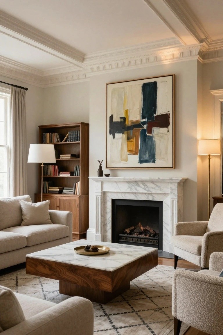 A light-colored living room with a white marble fireplace, neutral upholstered sofas and chairs, wooden bookshelves and coffee table, large abstract painting, and two floor lamps.