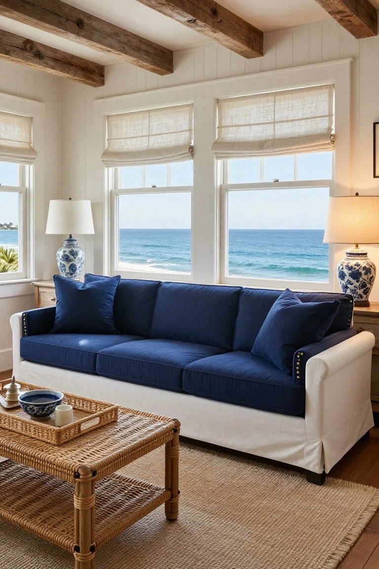 White shiplap-walled living room with exposed wood ceiling beams, navy blue sofa with white slipcovered arms and navy pillows, rattan coffee table, blue-and-white ceramic vases and lamps, linen roman shades on large windows overlooking the ocean and beach.