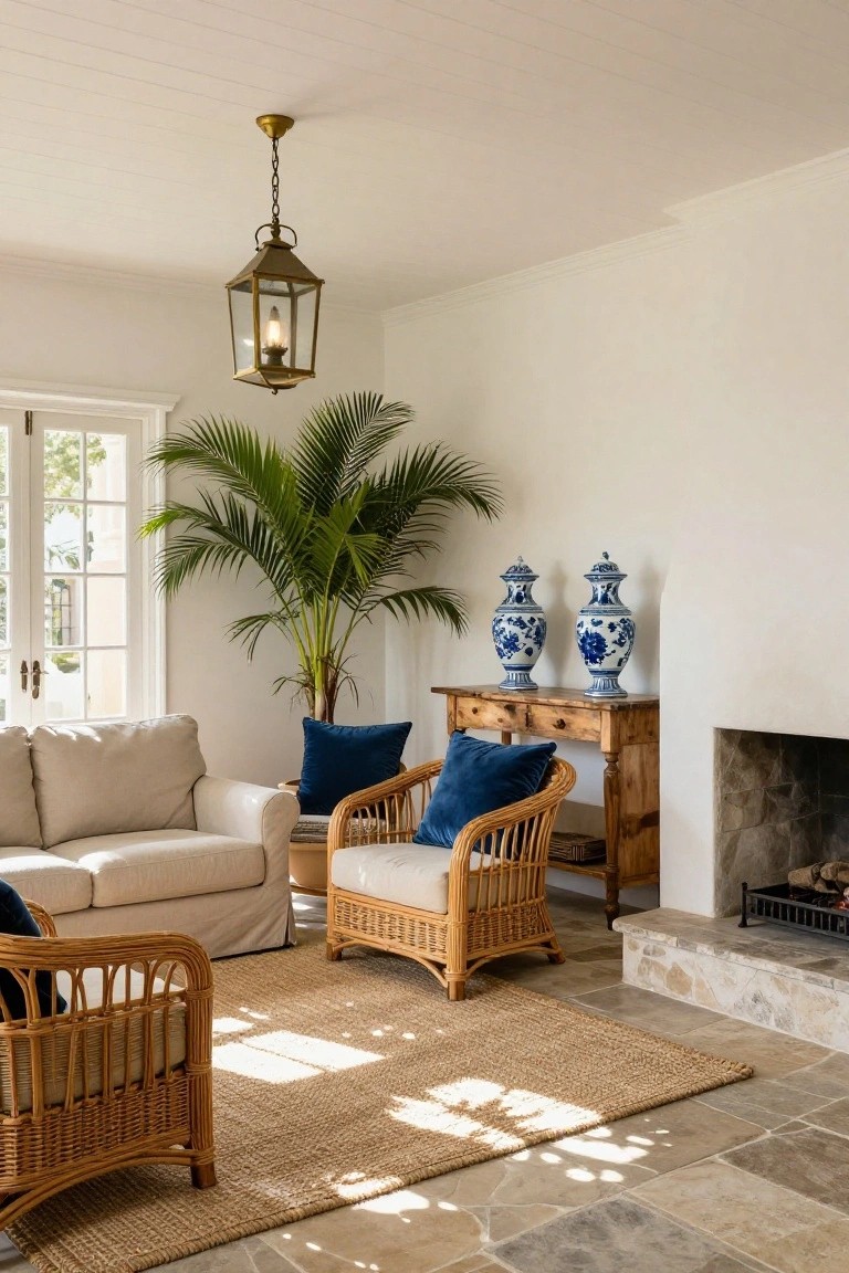 Living room featuring a beige slipcovered sofa, two rattan armchairs with blue pillows, wooden console table topped with blue porcelain vases next to a tall potted palm plant and stone fireplace on a tiled floor with sisal rug.