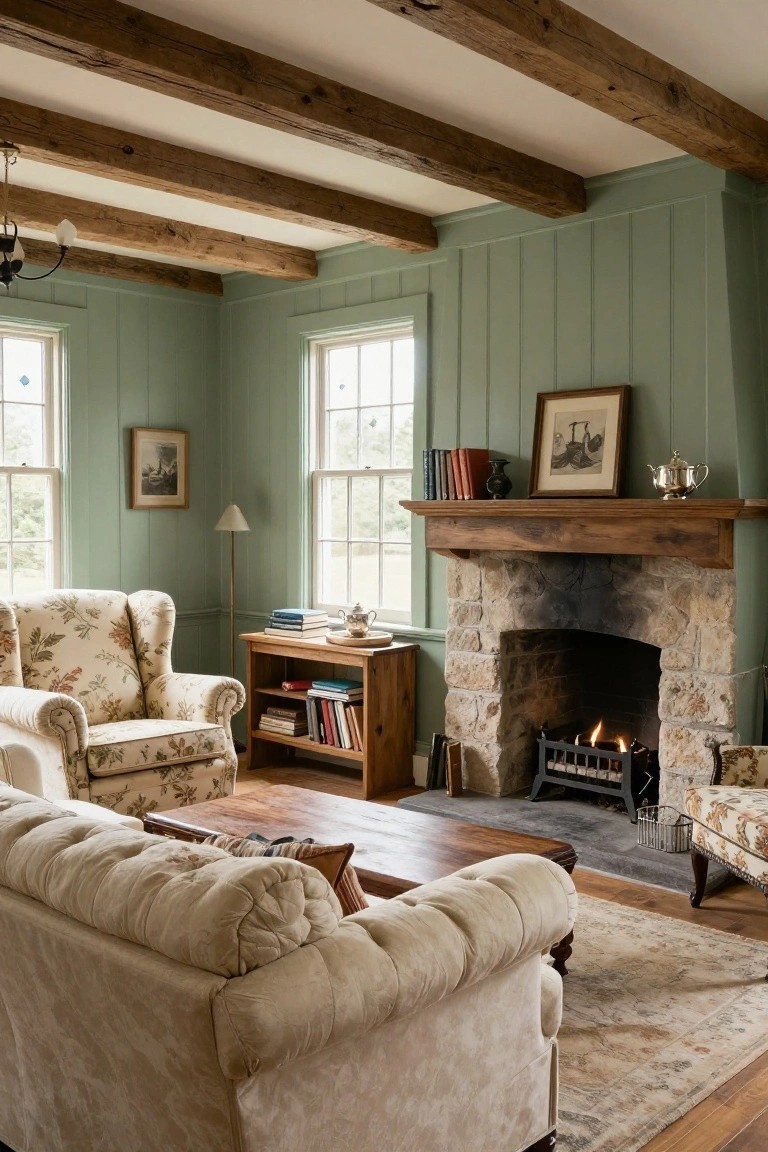A traditional living room with sage green vertical paneled walls, exposed dark wooden ceiling beams, a stone fireplace with wooden mantel and gas fire, cream sofa and floral armchairs, wooden side tables with books, and a patterned rug on hardwood floors.