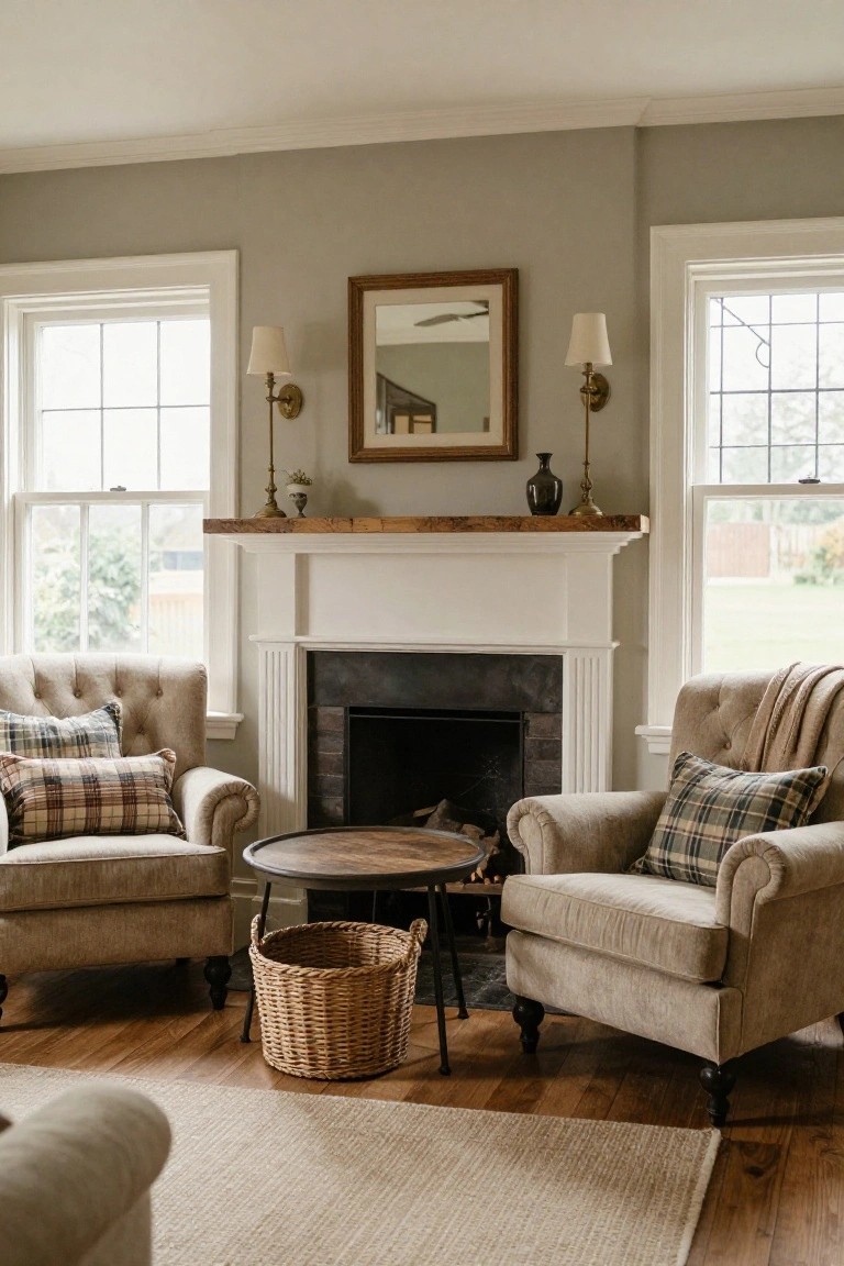 Light gray living room with white fireplace surround and dark brick firebox, two beige tufted armchairs with plaid pillows and throws facing it, round wood coffee table with wicker log basket between them, hardwood floors, beige rug, wall sconces, and large windows.