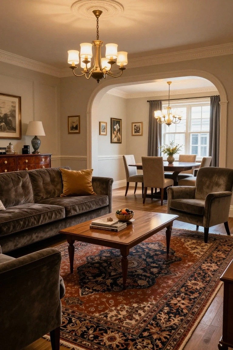 Traditional living room interior with tufted gray velvet sofa, matching armchairs around a wooden coffee table on a red and navy oriental rug, brass chandelier overhead, and arched opening to adjacent dining room with wooden table and chairs.