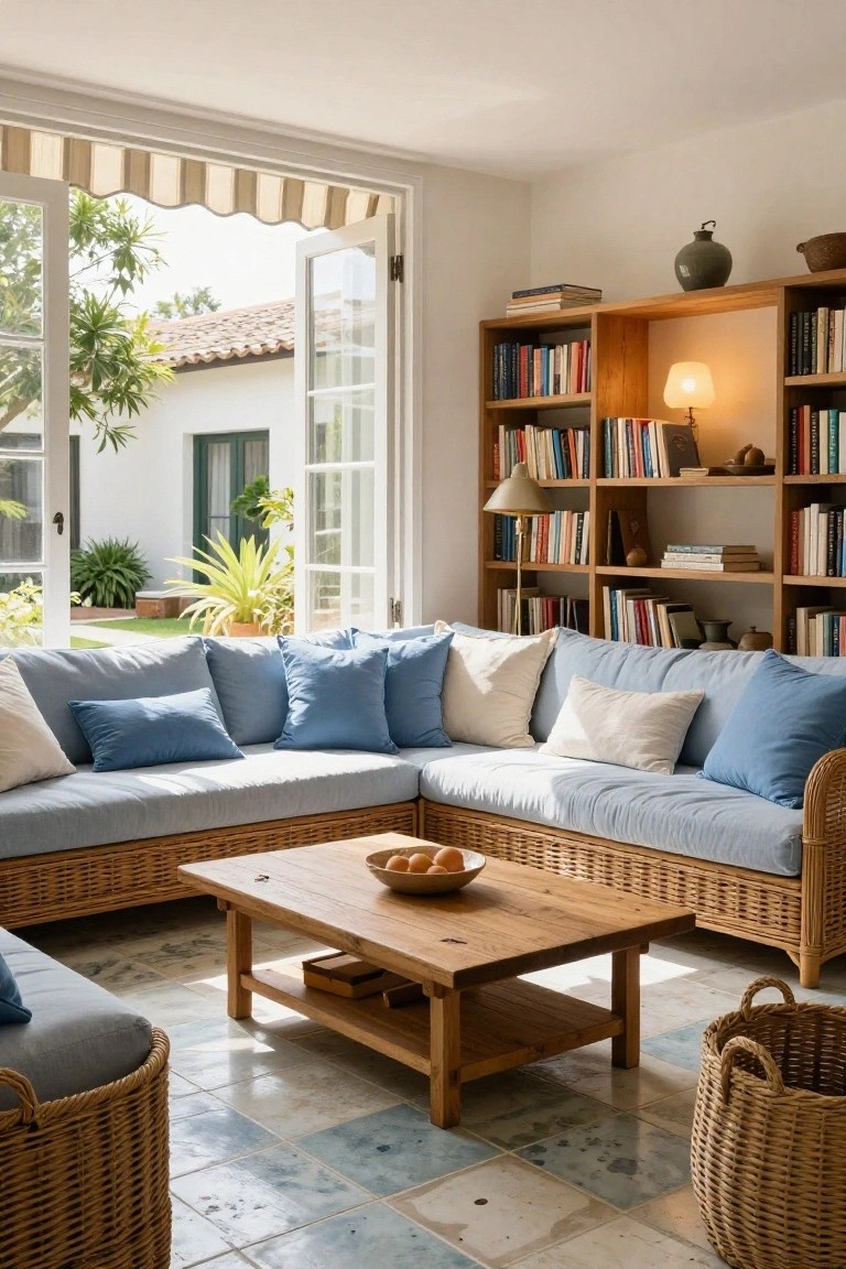 White-walled living room with light blue wicker L-shaped sectional sofa and chairs, wooden coffee table holding a bowl of oranges, tall wooden bookshelves filled with books and lit lamps, open French doors to a garden with plants, and blue terracotta tile floors.