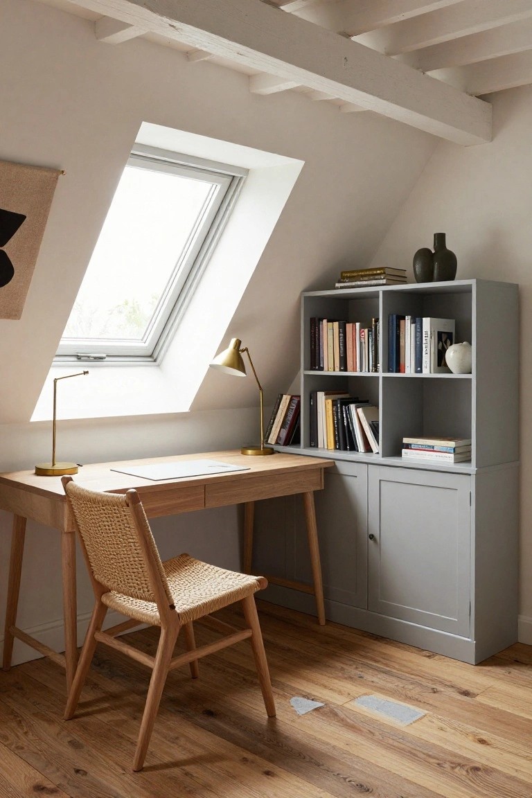 Attic room with sloped white ceiling, wooden desk and rattan chair, adjacent gray shelving unit with books and cabinets, brass lamps, and skylight.