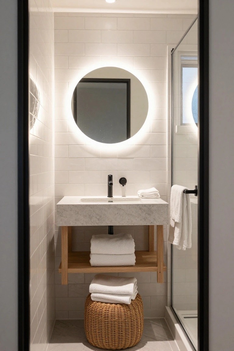 Compact bathroom with white subway tile walls, floating white sink on oak wood shelf stacked with white towels, round backlit black-framed mirror above, black faucet, hanging towel rack, woven stool, and glass shower enclosure.