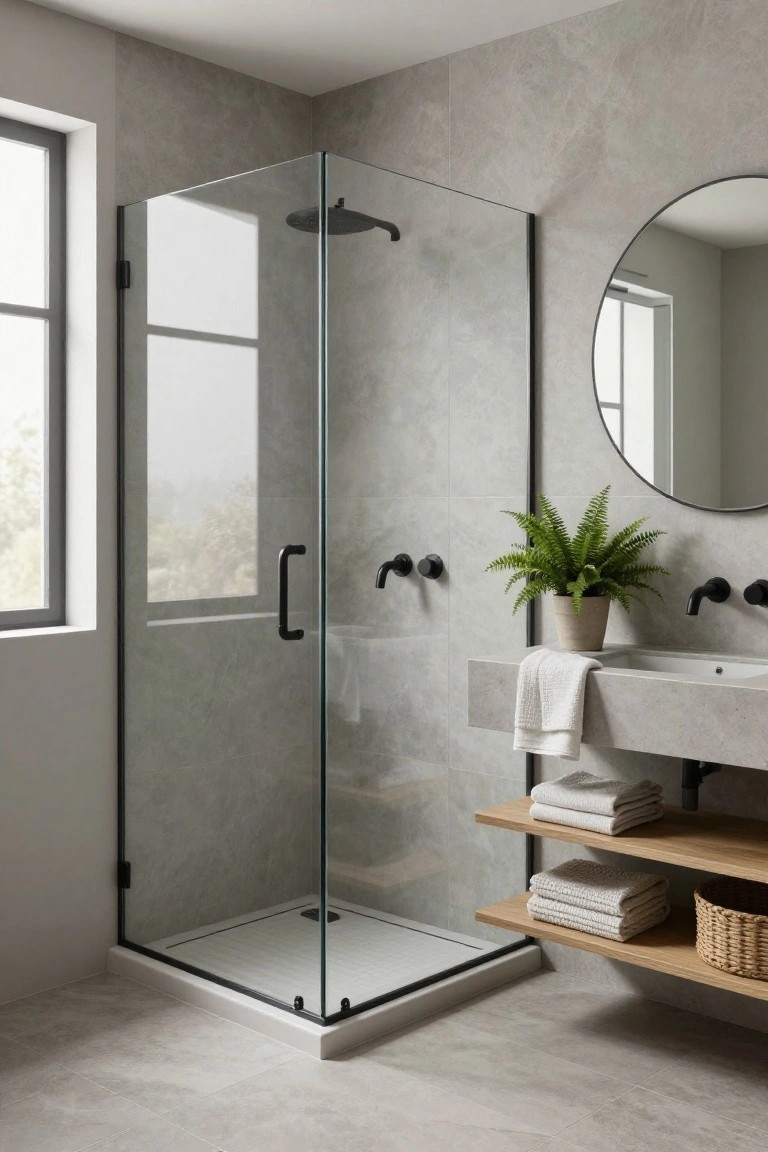 Corner of a gray-tiled bathroom with glass shower enclosure featuring black frame, matte black rain showerhead and handle, floating gray sink with black faucets, round mirror beside a potted fern plant, and floating wood shelves holding folded towels and a woven basket.