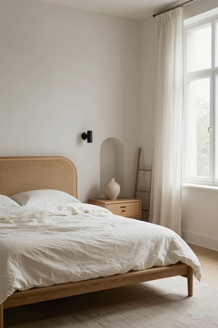 Minimalist bedroom with a low oak bed frame featuring a curved rattan headboard, white rumpled bedding, wooden nightstand holding a ceramic vase, wooden ladder near an arched wall niche and black wall sconce, large window with sheer white curtains, light wood floor, and neutral rug.