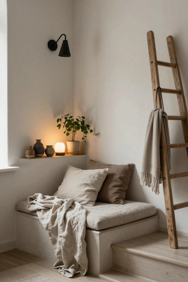 A minimalist indoor corner with a cushioned bench seat under a window shelf holding ceramic pots, a plant, and a lit lamp, a wooden ladder draped with a beige blanket leaning against the wall, neutral pillows and linens on the bench, and light wood floors.