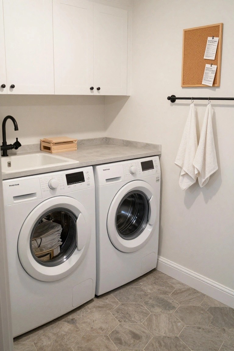 White laundry room with two front-loading white washers side by side, overhead white cabinets, gray quartz countertop with white utility sink and black faucet, hanging white towels, corkboard on wall, and gray hexagonal tile floor.