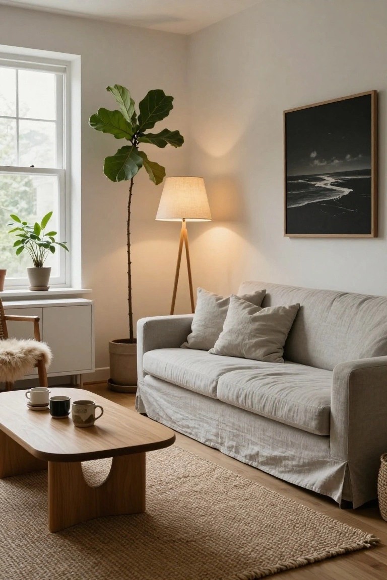 Cozy living room with beige sofa, wooden coffee table, floor lamp, and fiddle-leaf fig.