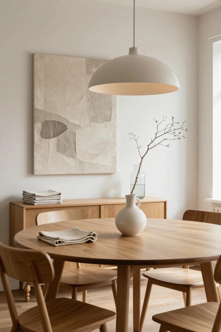 A minimalist dining room with a round light wood table and four matching wooden chairs, a white vase and folded beige napkin on the table, wooden sideboard with stacked linens and glass vase of branches, large abstract beige wall art, white pendant lamp overhead, neutral walls, and wood flooring.