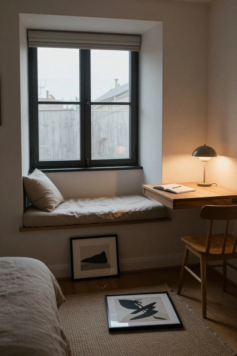 Minimalist indoor corner with built-in wooden window seat cushioned in beige, adjacent desk with open notebook and globe lamp, wooden chair, partial bed, two framed abstract black artworks, large window with blinds and outdoor view.
