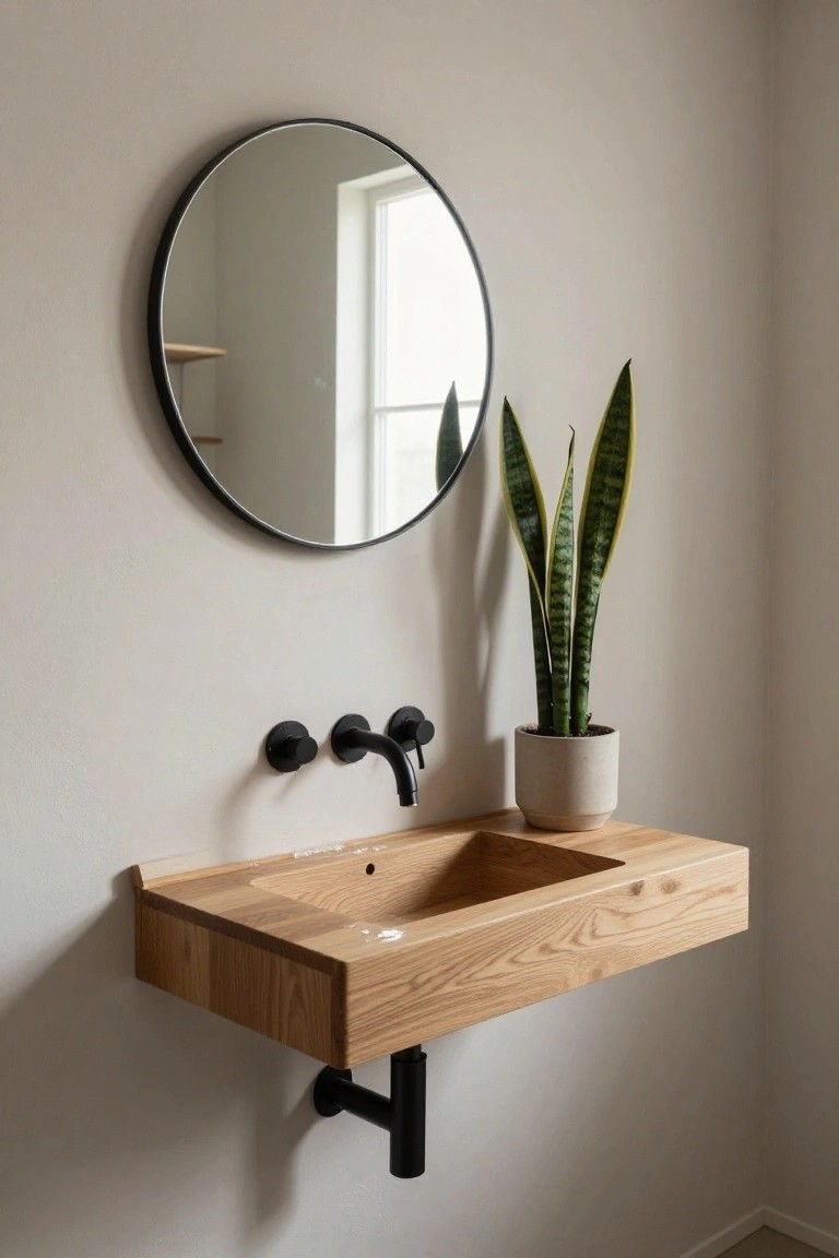Wall-mounted light oak wood sink with integrated basin and black faucets below a round black-framed mirror, next to a potted snake plant in a corner of a light gray bathroom with window and shelf.