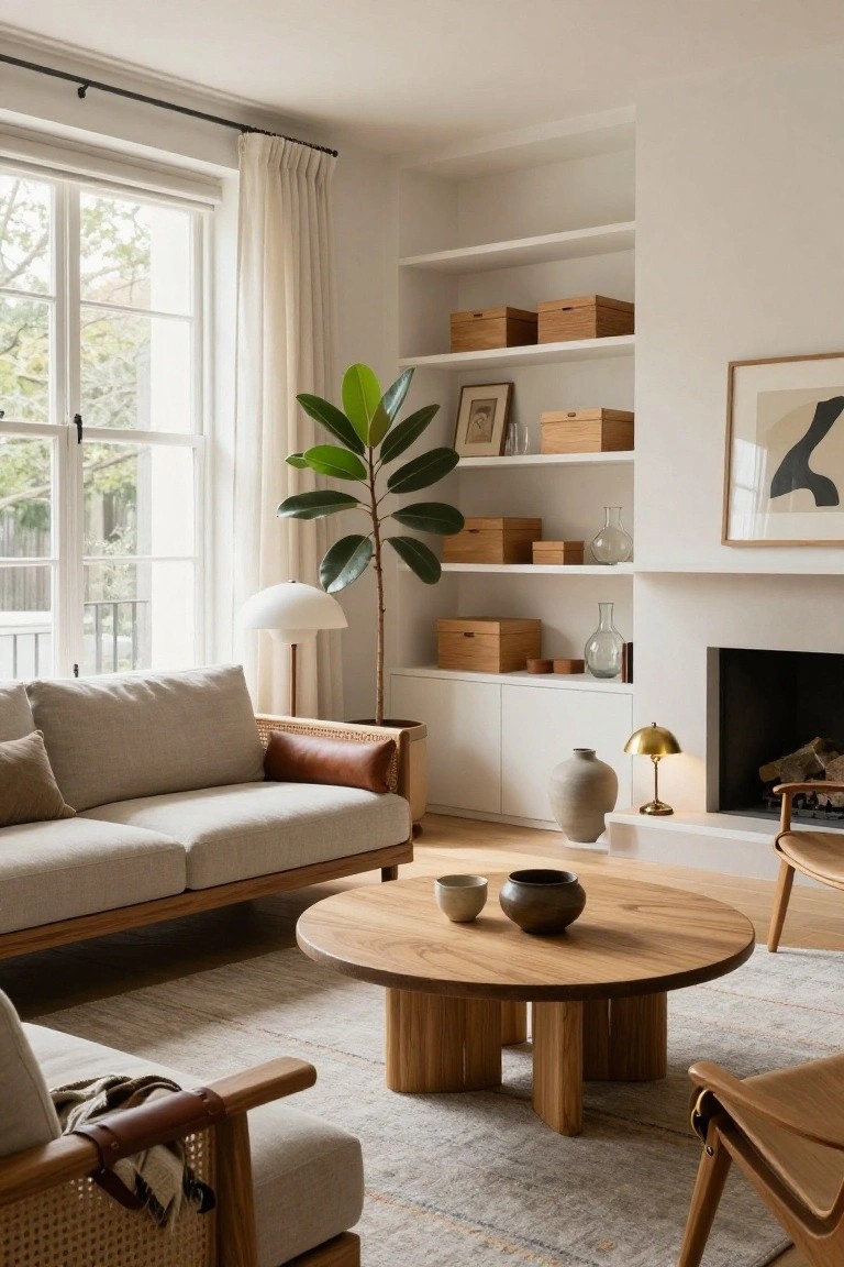 A bright minimalist living room with a low-profile cream sofa, round wooden coffee table with thick legs, rattan armchair, large potted plant by the window, built-in shelves, and a white fireplace with brass lamp.