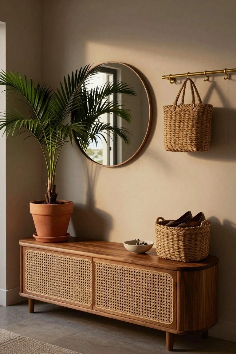 Wooden bench with rattan cane panels in a light beige entry corner, beside a tall potted palm in terracotta pot, round wall mirror, gold wall hooks holding a woven bag, and a wicker basket with shoes on the bench top.