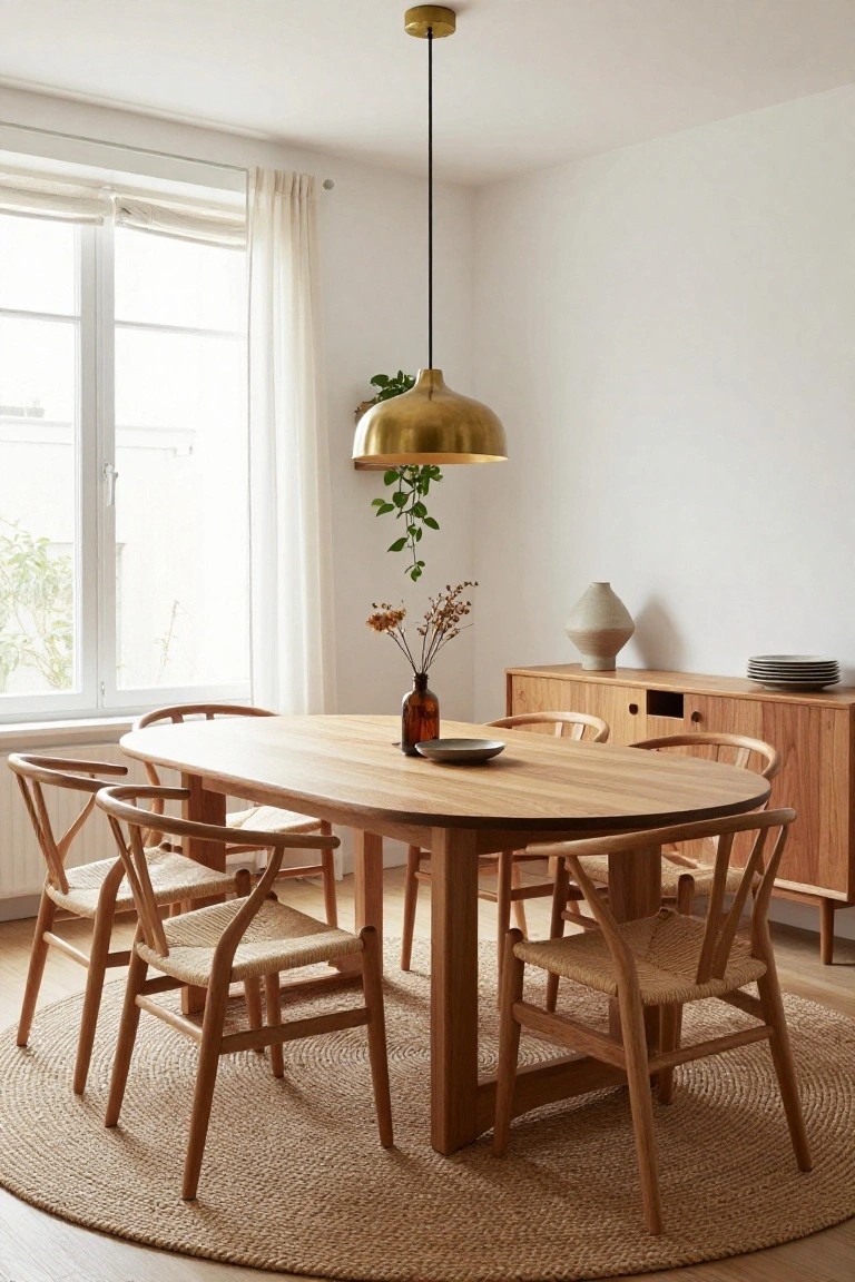 Oval wooden dining table with six Wishbone chairs in a white-walled room, gold pendant light overhead, plants and credenza nearby, natural light from window.