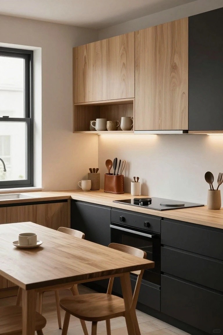 Contemporary kitchen interior with light oak upper cabinets and shelves, matte black lower cabinets and oven, light wood countertop and rectangular dining table with wooden chairs, induction cooktop, and black-framed window.