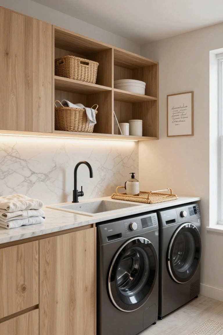 A laundry room with light oak cabinets above and below a white marble countertop and sink with black matte faucet, flanked by two front-loading washer-dryer machines, woven baskets on shelves, and under-cabinet LED lighting.