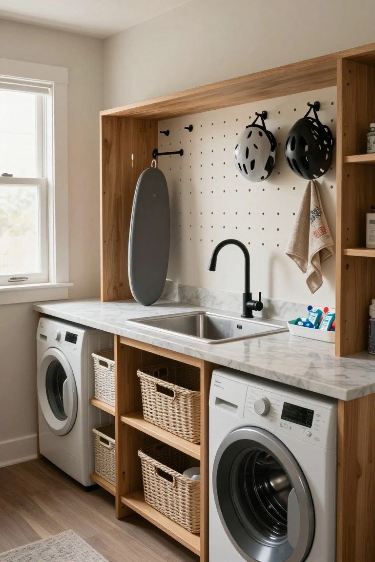 Laundry room interior with white washer and dryer units integrated into oak wood cabinetry featuring lower shelves with wicker baskets, a central stainless sink on white marble countertop, and upper pegboard wall holding black and white helmets plus a gray ironing board.