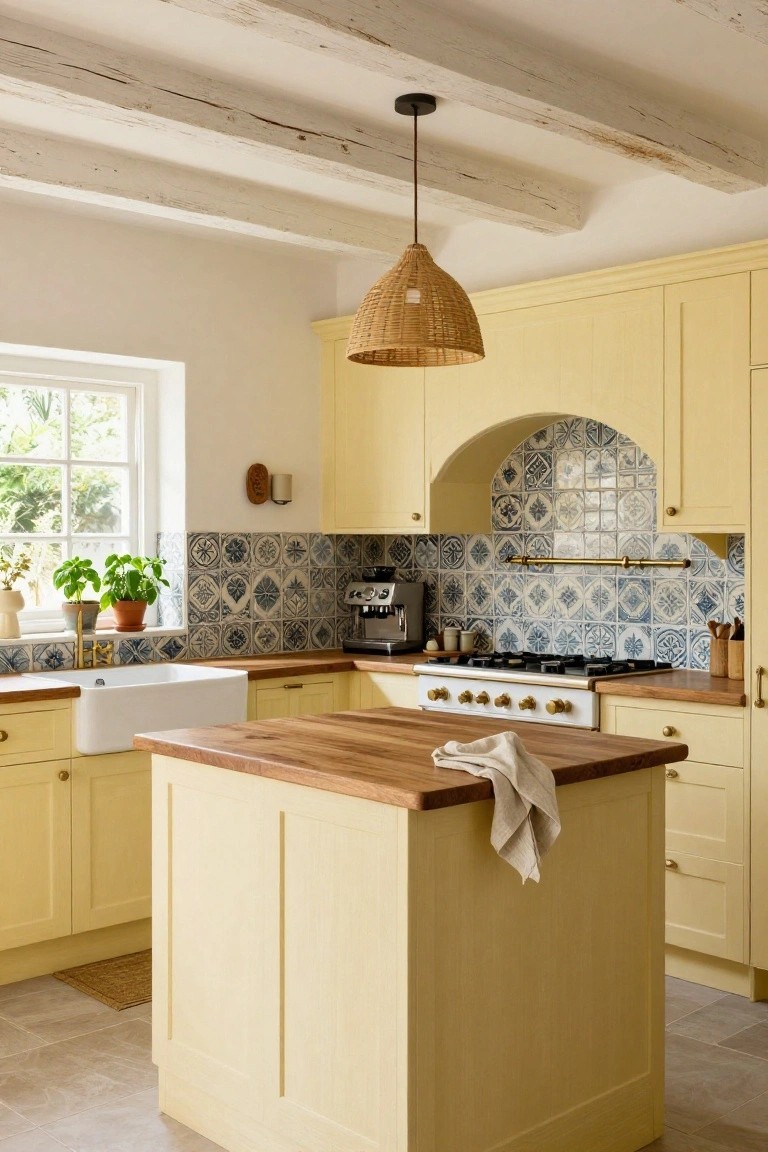 Kitchen with pale yellow cabinets, arched blue patterned tile backsplash above gas range, wooden island, white farmhouse sink, rattan pendant light, and exposed beam ceiling.