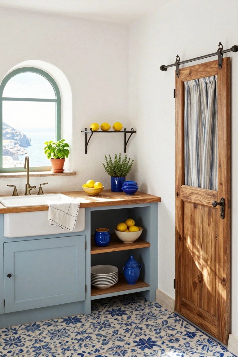 Kitchen corner featuring light blue cabinets under a white farmhouse sink, wooden butcher block countertop, bowls of lemons, blue pottery, potted herbs, shelves with fruit, blue and white floral patterned tile floor, arched green-framed window with sea view, and wooden barn door with striped curtain.