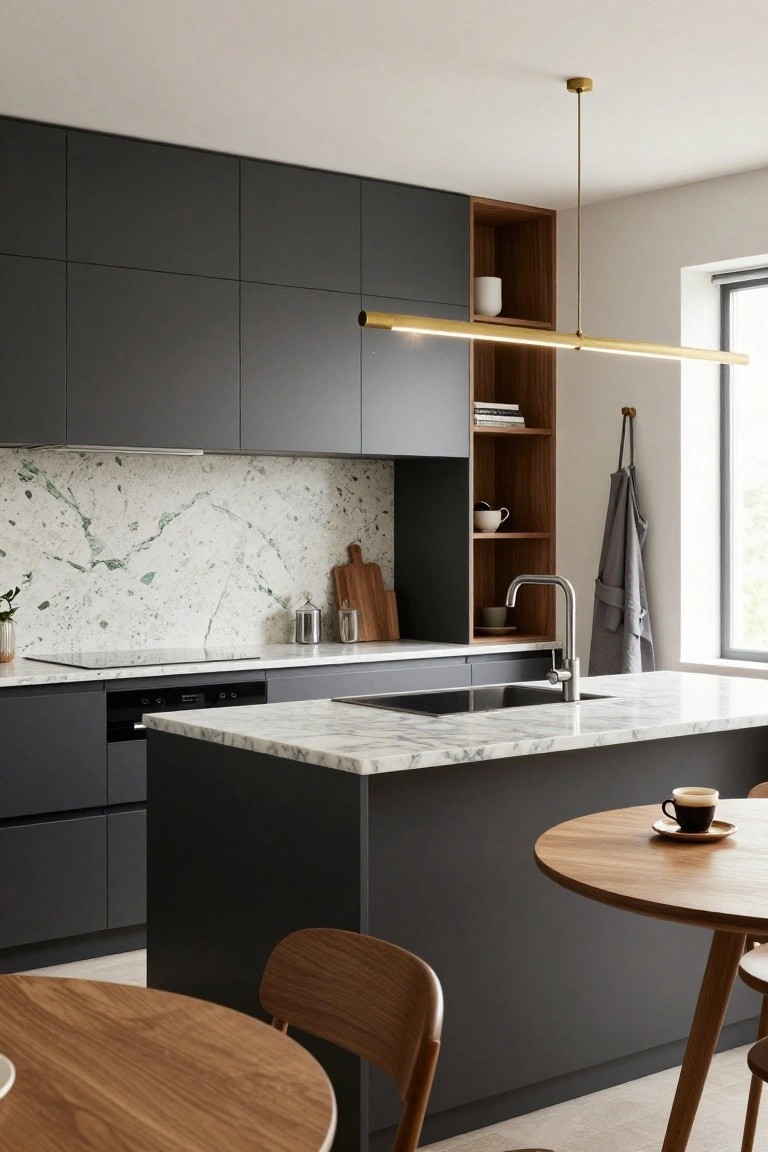 Modern kitchen interior with matte dark grey cabinets, white marble countertops and island, white backsplash with green flecks, wooden open shelving unit, brass linear pendant light, stainless appliances, and round wooden table with chairs.