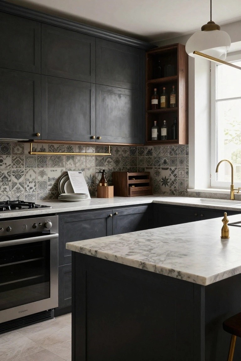 Corner kitchen interior with matte black cabinets, white veined marble countertops and island, blue and white patterned tile backsplash, brass faucet and hanging rail, wood open shelves with bottles, and a wood stool at the island.