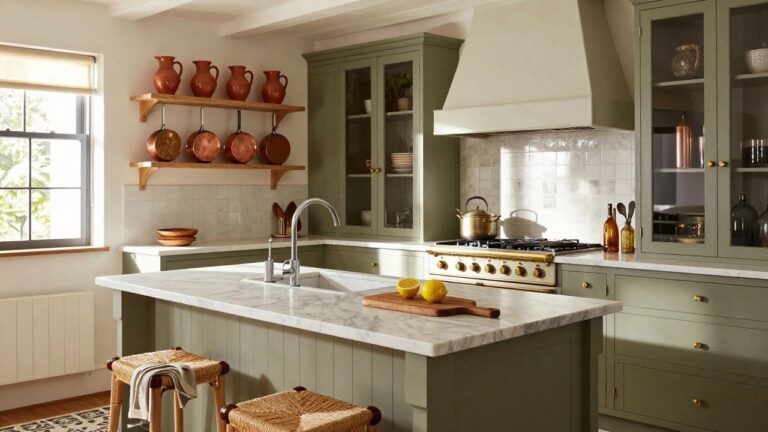 Kitchen with sage green painted cabinets and island, open wooden shelves displaying terracotta pottery and dried grasses, white marble countertop with brass faucet, hanging copper pans, rattan stools, and patterned tile floor.