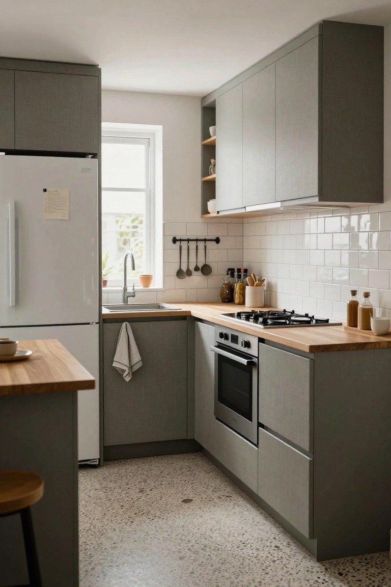 L-shaped modern kitchen with light gray handleless cabinets, light oak countertops, white subway tile backsplash, gas stove, built-in oven, white refrigerator, potted plants, and terrazzo flooring.