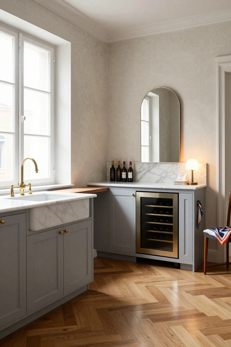 Corner kitchen with light gray cabinets, white marble farmhouse sink and shelf displaying wine bottles, built-in gold wine fridge, arched gold mirror, white lamp, and herringbone oak flooring.