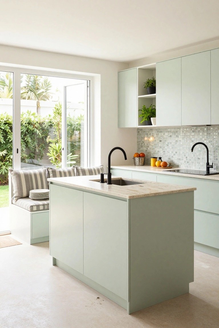 Modern kitchen featuring a sage green central island with built-in bench seating and striped cushions, marble countertops, black gooseneck faucets, and large sliding glass doors opening to a tropical garden.