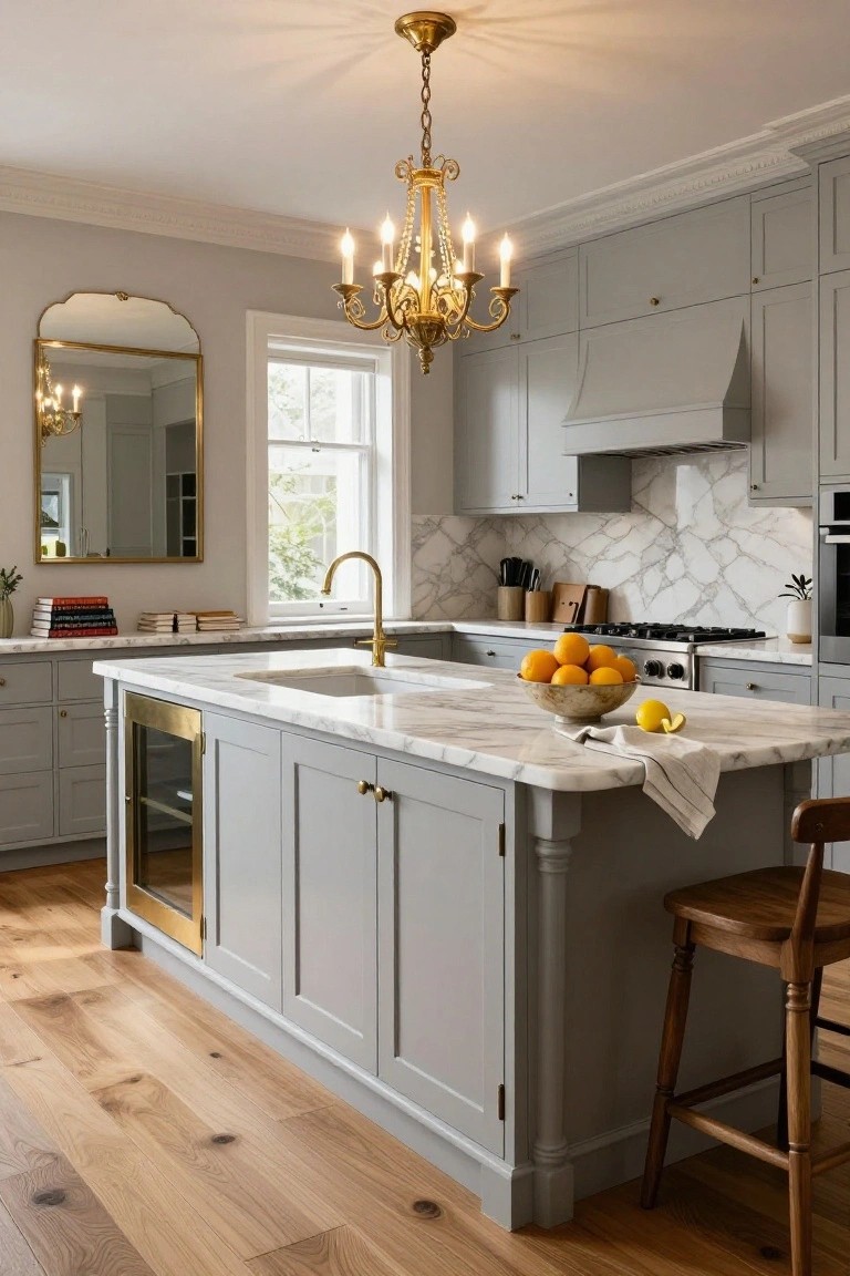 Kitchen interior with light gray shaker cabinets, large white marble-topped island containing sink, brass faucet, and built-in wine cooler with brass frame, wooden bar stool, marble backsplash, gas range, and brass chandelier.