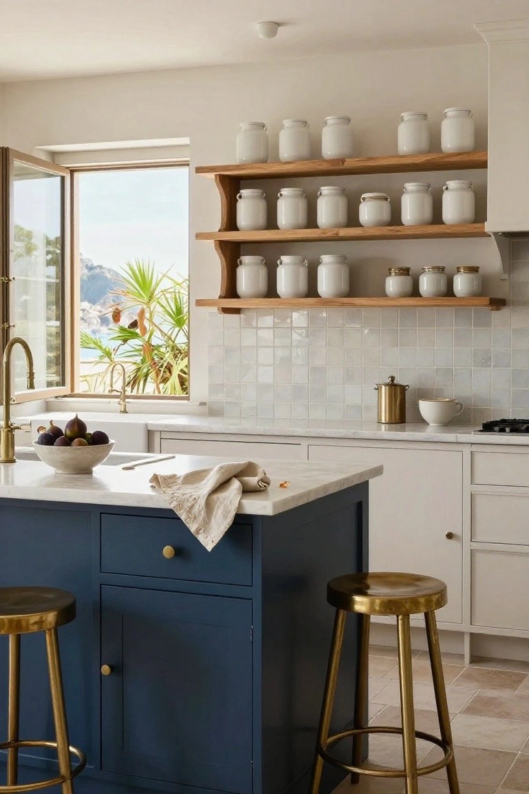 Kitchen interior with navy blue island and brass stools, white cabinets, open oak shelves holding white ceramic jars, white subway tile backsplash, marble counters, sink with figs, and window overlooking sea and palms.