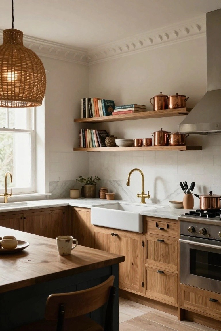 Kitchen corner with light oak cabinets and open wooden shelves displaying copper pots, cookbooks, and ceramics, rattan pendant light overhead, gold gooseneck faucet over white farmhouse sink, and wooden island with black stool.