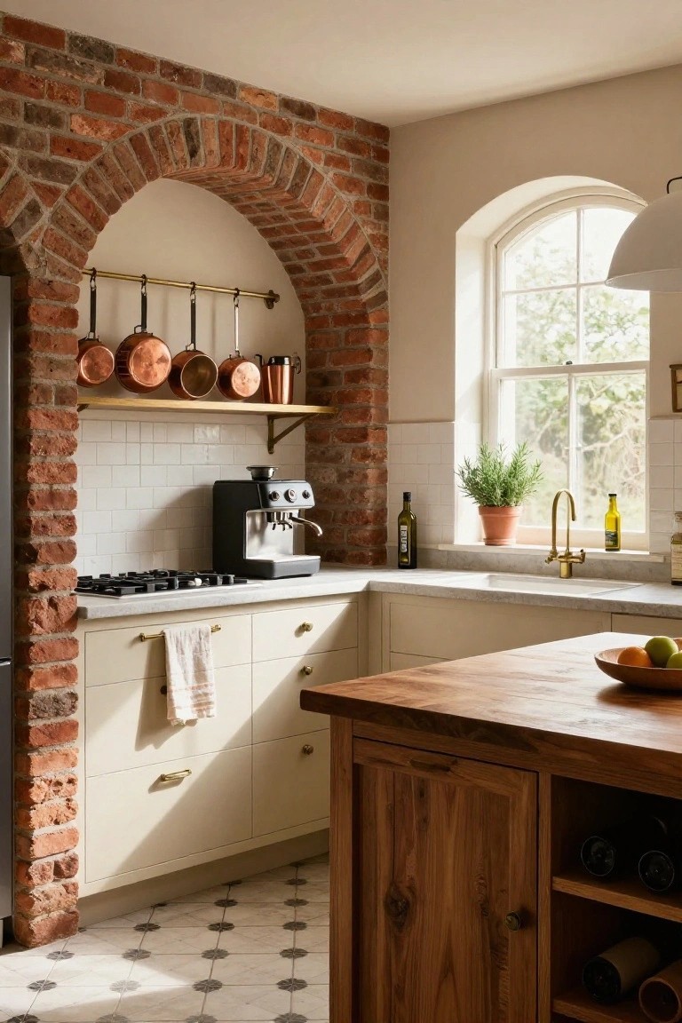 Kitchen corner with exposed red brick archway holding copper pots on a hanging rail and wooden shelf, white subway tile backsplash, cream cabinets, black espresso machine on white countertop, wooden island with wine racks, and arched window with plant.