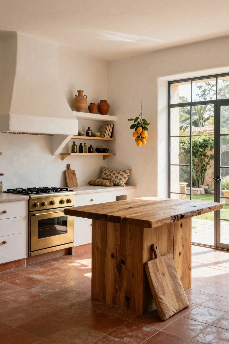 Kitchen interior with white cabinets, gold range stove, large rectangular wooden island with cutting boards, open shelves holding terracotta pots and bottles, hanging cluster of lemons, terracotta tile floor, and black-framed doors opening to garden.