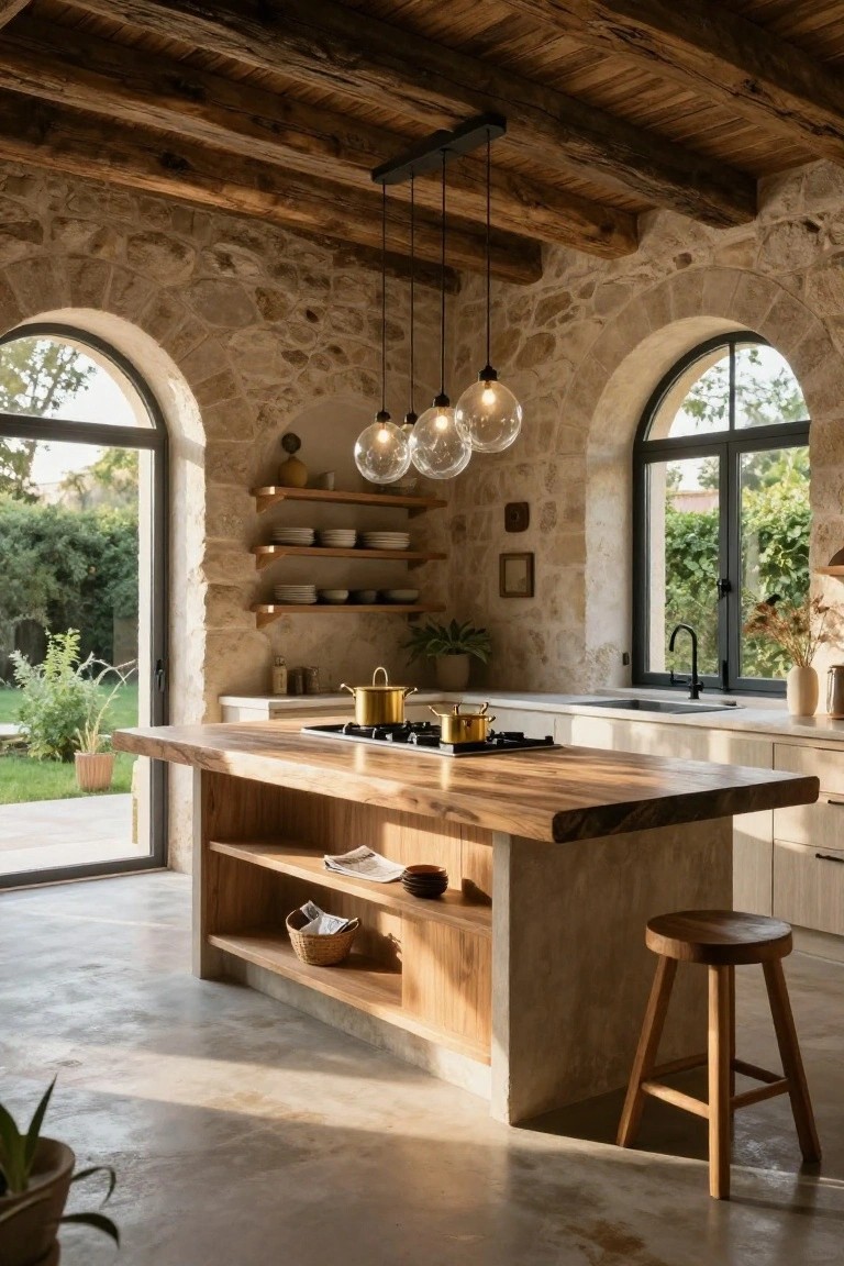 Rustic kitchen interior with exposed stone walls, wooden ceiling beams, large central wooden island featuring gas cooktop, open shelving, wooden stool, arched black-framed windows and door to garden, polished concrete floor.
