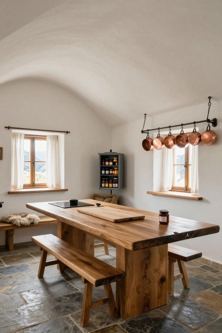 White-walled kitchen with vaulted ceiling, large wooden dining table and benches on stone floor, hanging copper pots, induction cooktop, and windows showing mountain views.