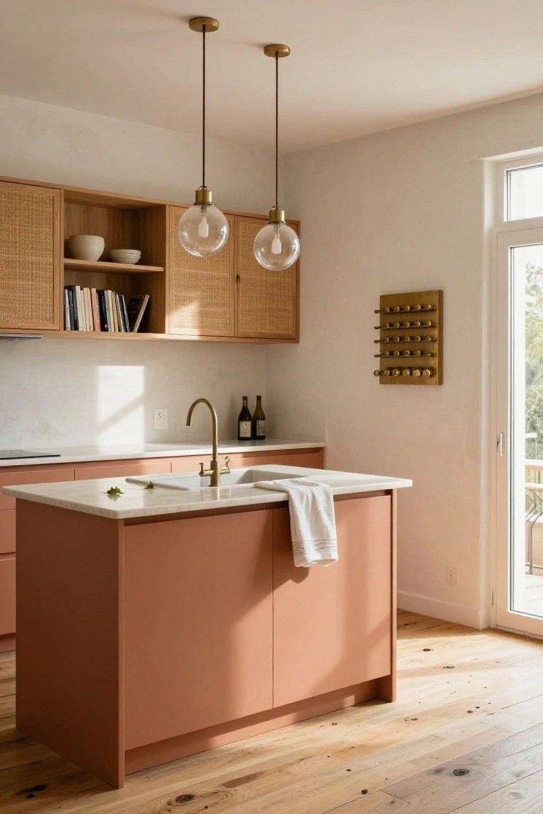 Kitchen with rattan-woven upper cabinets in natural wood tone, terracotta pink lower cabinets and central island topped with white marble countertop, brass gooseneck faucet in sink, two clear glass pendant lights hanging above, and gold wine bottle rack on wall beside sliding glass door.