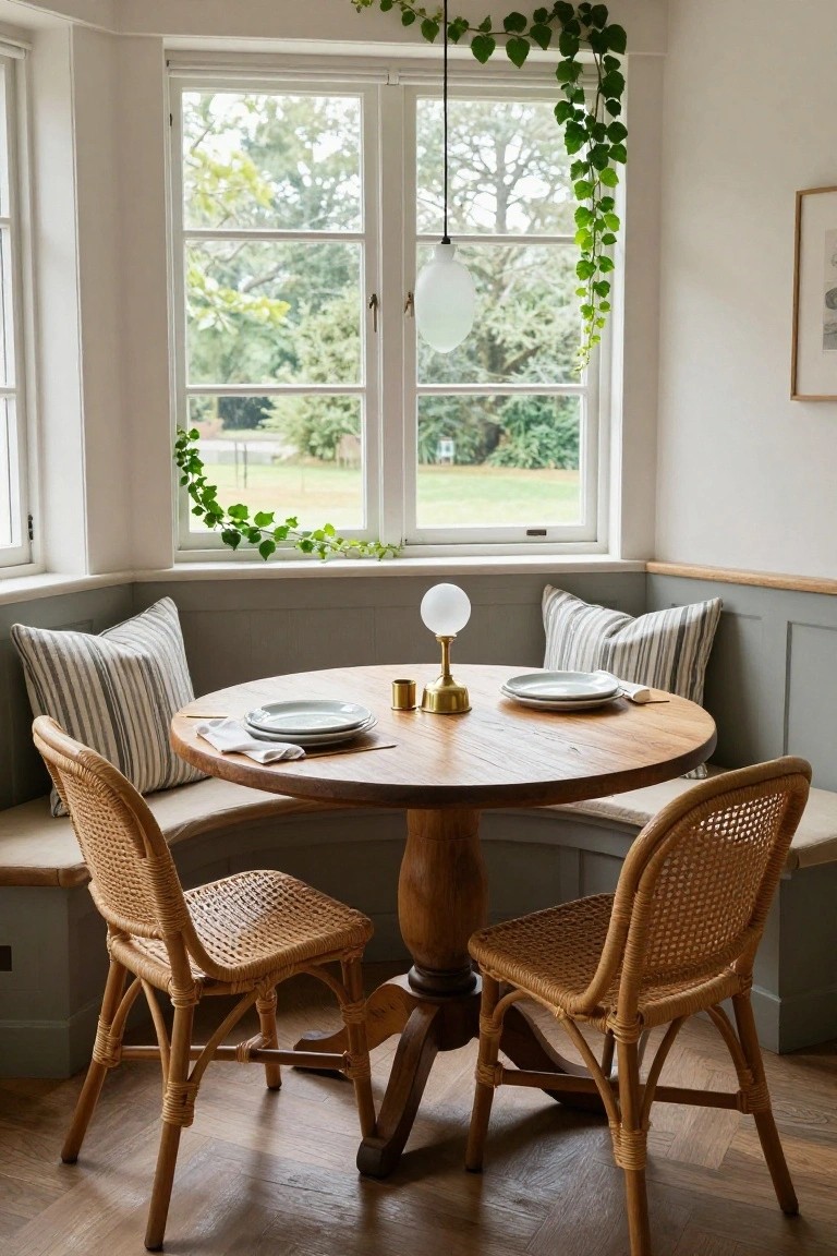 Corner window nook with built-in bench seating, striped pillows, round wooden table set with plates, rattan chairs, brass lamp, hanging ivy plants, and view of green outdoors.