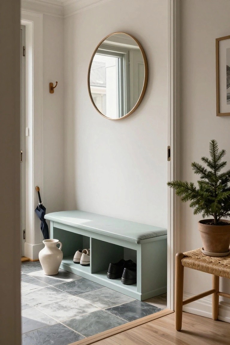 Mint green wooden entry bench with cushioned seat and open shoe storage cubbies below, next to a white vase and navy umbrella, in a light hallway with slate floor tiles, round gold mirror, woven stool, and potted Christmas tree.